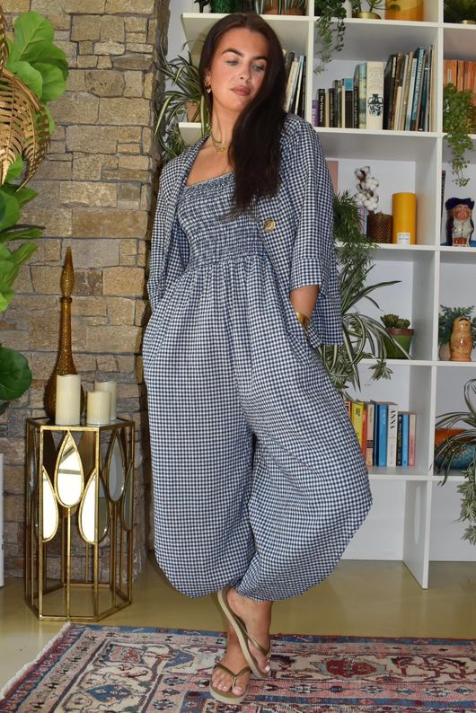 Arbi Gingham Shirring Bandeau Jumpsuit Navy